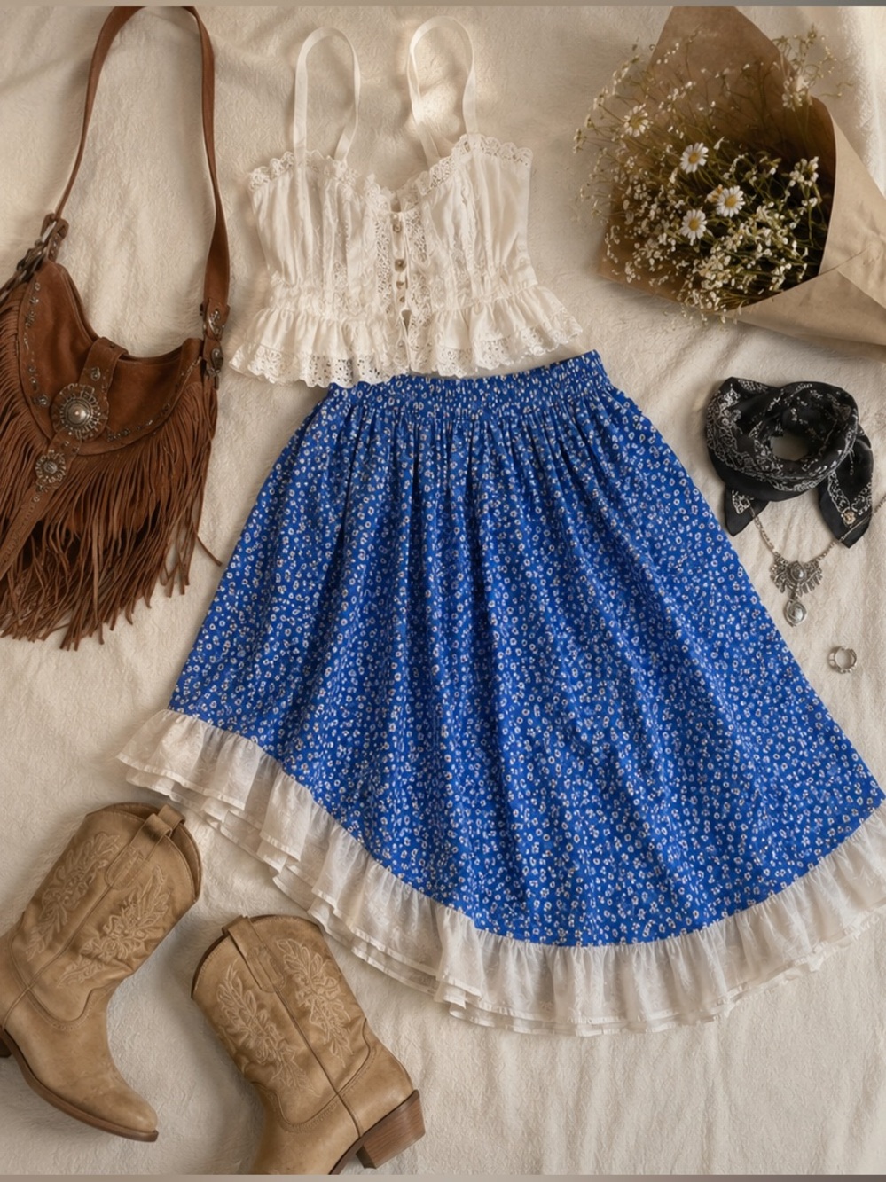 Vintage Prairie Skirt Boho Cottagecore Ruffle Trim Blue White Floral Calico